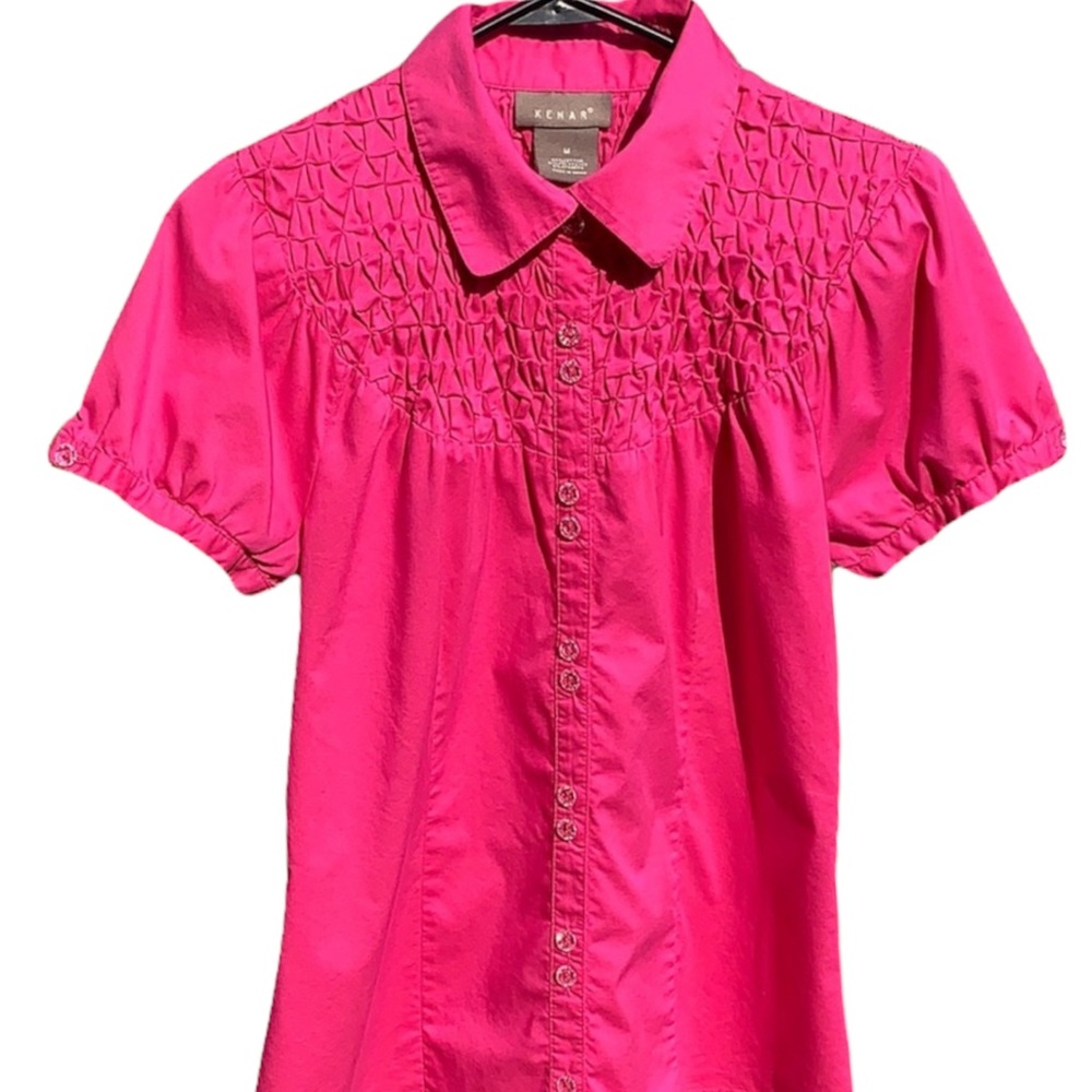 KENAR Hot Pink Button-Up Short-Sleeve Blouse Crystal buttons Size Medium